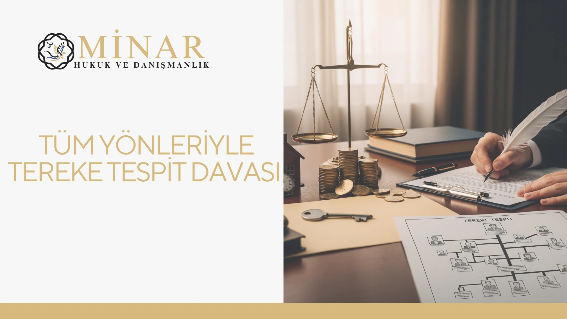 Tereke tespit davası kapsamında eski tapu kayıtları, miras araştırması, malvarlığı tespiti ve hukuki inceleme sürecini gösteren Minar Hukuk görseli