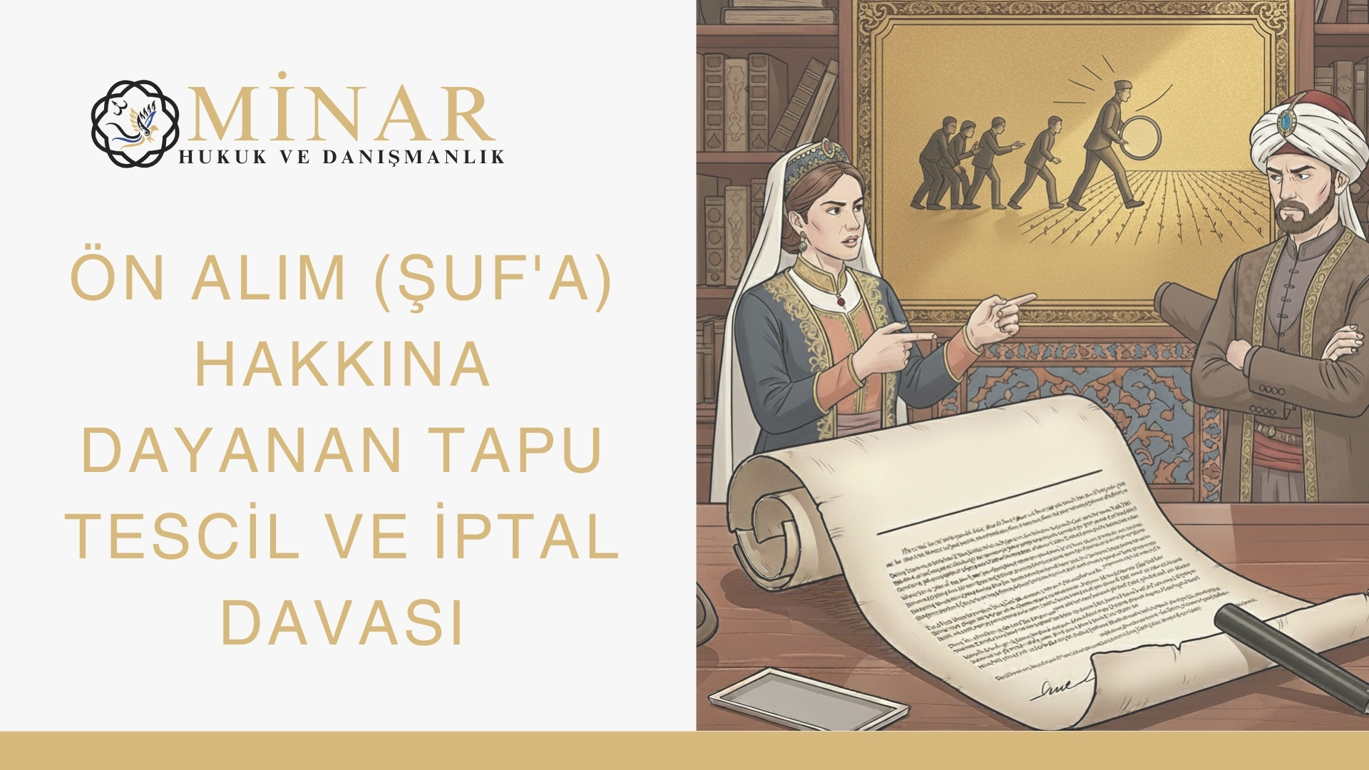 Minar Hukuk – Ön Alım (Şufa) Hakkına Dayanan Tapu Tescil ve İptal Davası konulu kapak görseli; Osmanlı dönemine ait illüstratif sahne ve hukuk belgeleriyle tasarlanmış