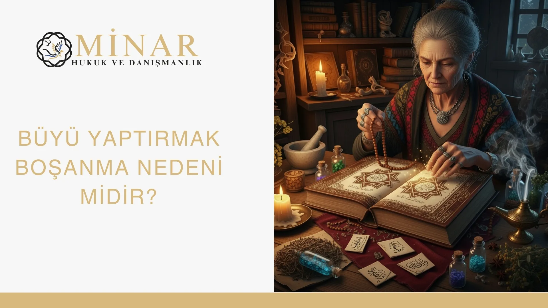 Minar Hukuk ve Danışmanlık logolu büyü yaptırmak boşanma nedeni midir görseli; büyü kitabı, ritüel unsurları ve aile hukuku bağlamında boşanma sebebi olabilecek davranışları temsil ediyor.