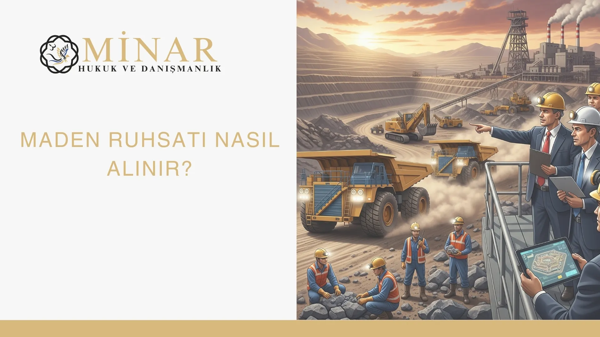 Maden ruhsatı nasıl alınır konulu görselde açık maden sahası, iş makineleri, mühendisler ve maden hukuku sürecini temsil eden teknik denetim sahnesi yer almaktadır.