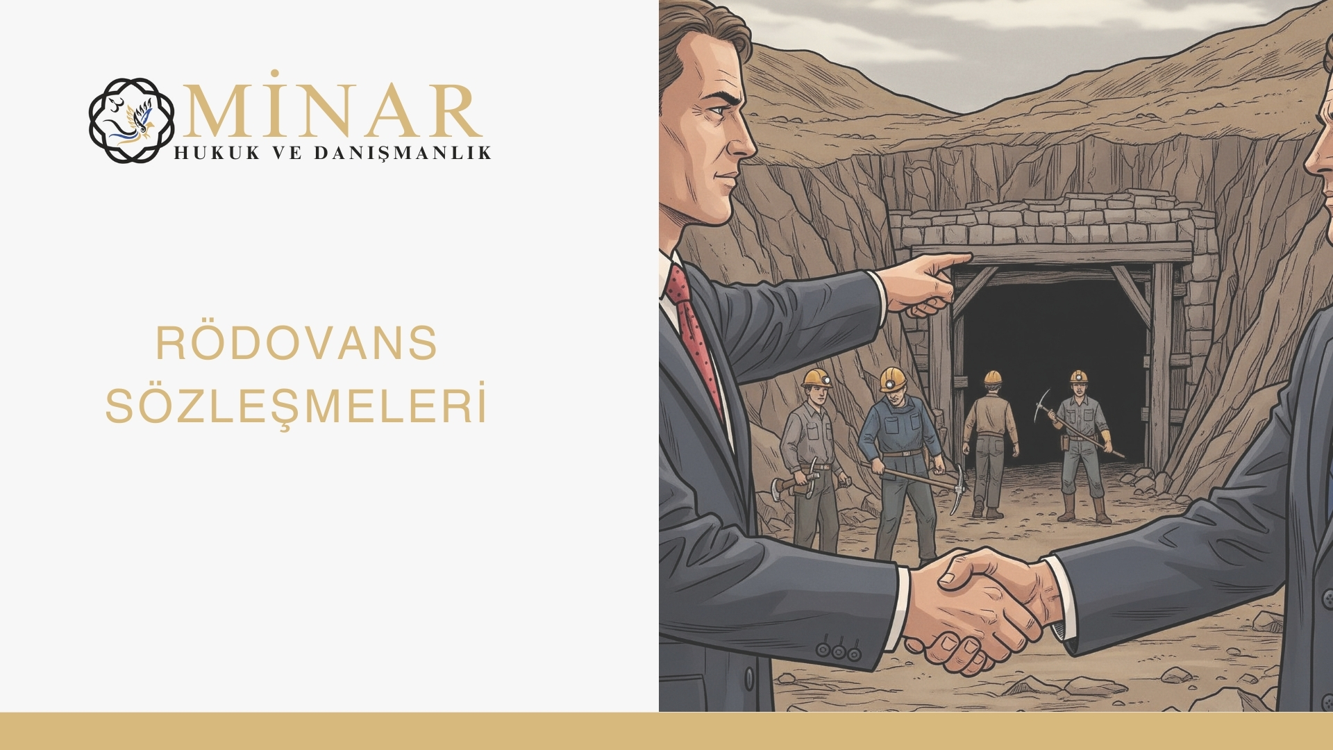 Rödovans sözleşmesi, maden hukuku ve işletme ruhsatı temalı illüstrasyon, maden sahasında işçiler ve el sıkışan iş insanları