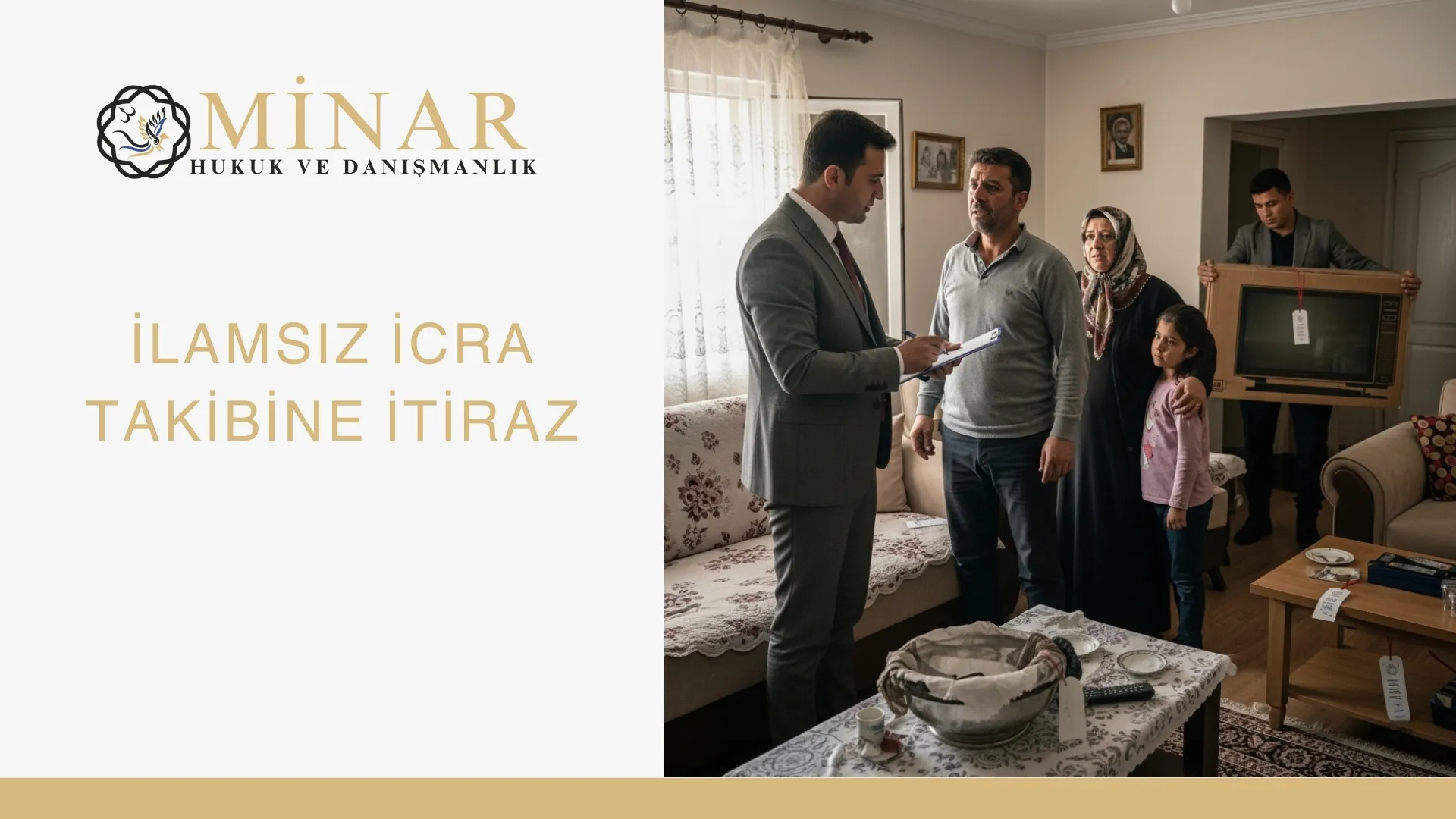 İlamsız icra takibine itiraz konulu Minar Hukuk görselinde, ev ortamında icra süreciyle ilgili belge inceleyen kişiler yer almaktadır.