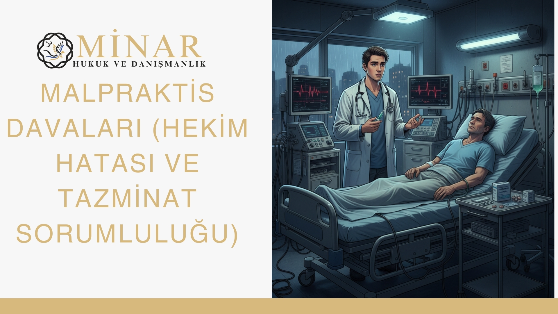 “Bir hastane odasında yatağında yatan hasta ile yanında duran doktoru gösteren illüstrasyon. Doktor elinde enjektör tutarken hastaya açıklama yapıyor. Yan tarafta tıbbi cihazlar ve monitörler bulunuyor. Görsel, Minar Hukuk logosu ve ‘Malpraktis Davaları (Hekim Hatası ve Tazminat Sorumluluğu)’ başlığı ile birlikte tıbbi malpraktis ve hukuki sorumluluğu simgeliyor.”