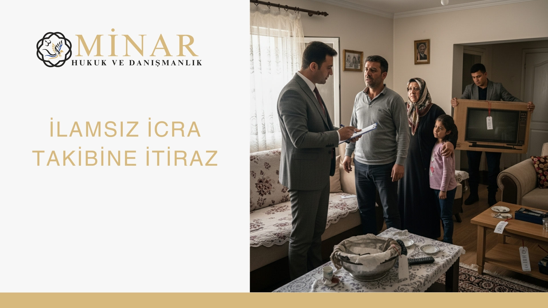 Minar Hukuk ve Danışmanlık logosu ile birlikte, icra memurunun bir evde borçlu aileye evrak tebliğ ettiği ve eşyaların haciz işlemi için işaretlendiği sahneyi gösteren görsel