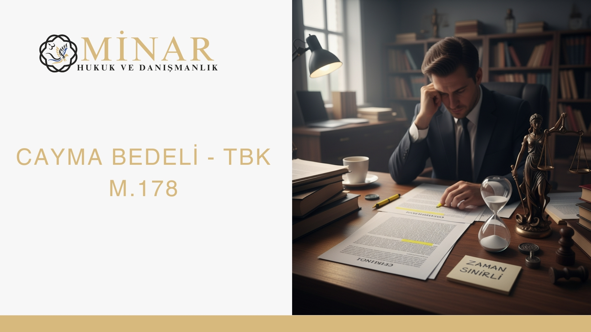 “Avukat ofisinde masa üzerinde sözleşme, adalet heykeli, kum saati ve cayma bedelinin TBK m.178 kapsamındaki hukuki düzenlemesini inceleyen avukat.”