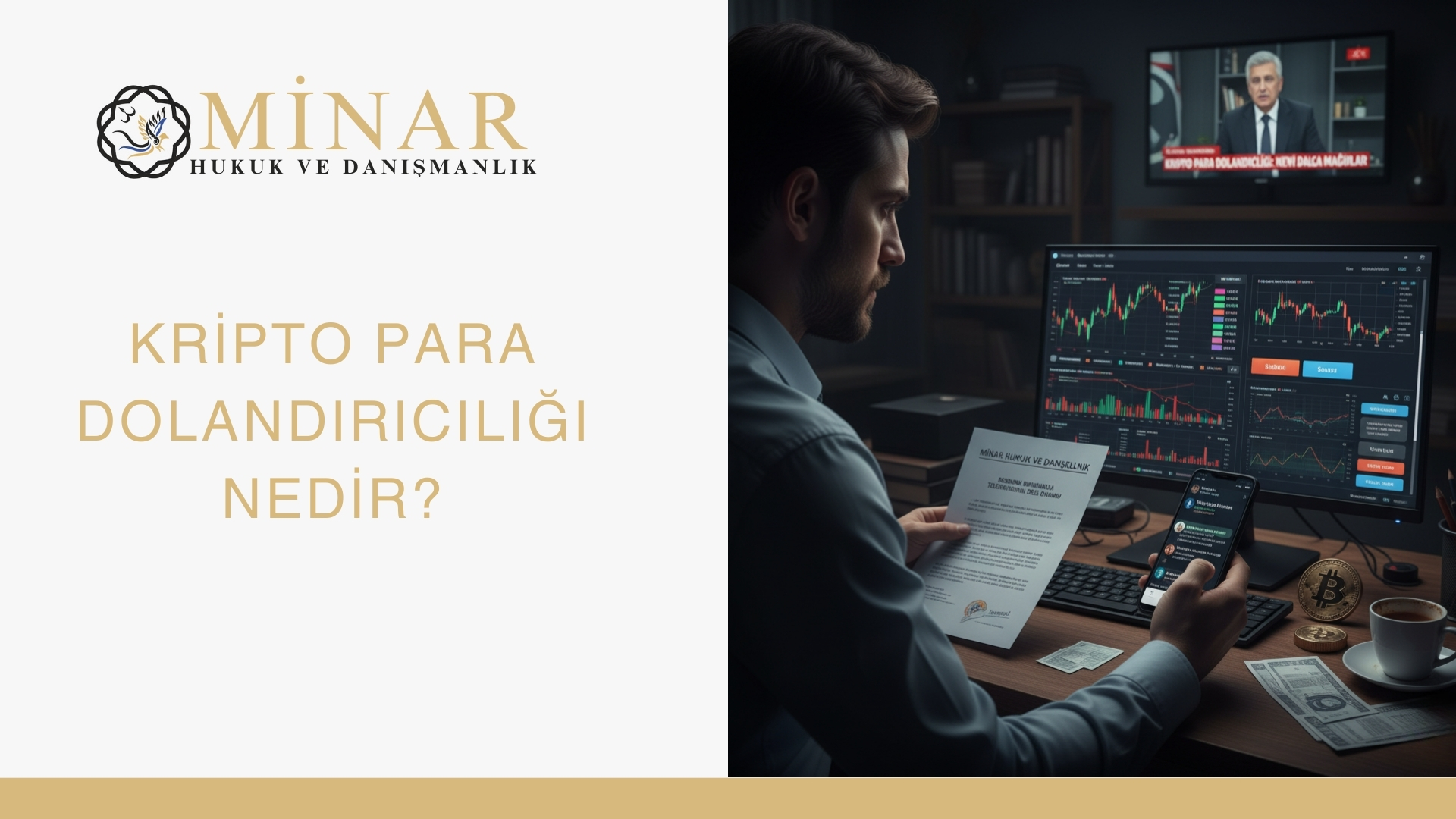 Açık kahverengi başlıklarla "Minar Hukuk ve Danışmanlık" logosu ve "Kripto Para Dolandırıcılığı Nedir?" yazılı afiş. Sağda, bir avukat gibi görünen adam masasında bilgisayar ekranında kripto para grafikleri açıkken bir hukuki belgeyi ve telefonunu inceliyor. Arkada bir televizyonda "Kripto Para Dolandırıcılığı: Yeni Dalga Mağdurlar" başlıklı haber var.