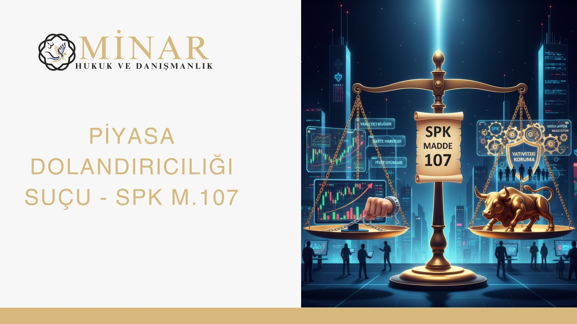 Açık kahverengi başlıklarla "Minar Hukuk ve Danışmanlık" logosu ve "Piyasa Dolandırıcılığı Suçu - SPK M.107" yazılı afiş. Sağda, adalet terazisinin sol kefesinde manipülasyonu temsil eden kelepçeli bir el ve borsa grafikleri, sağ kefesinde ise yatırımcı korumasını simgeleyen bir boğa figürü ve insan siluetleri bulunan illüstrasyon.