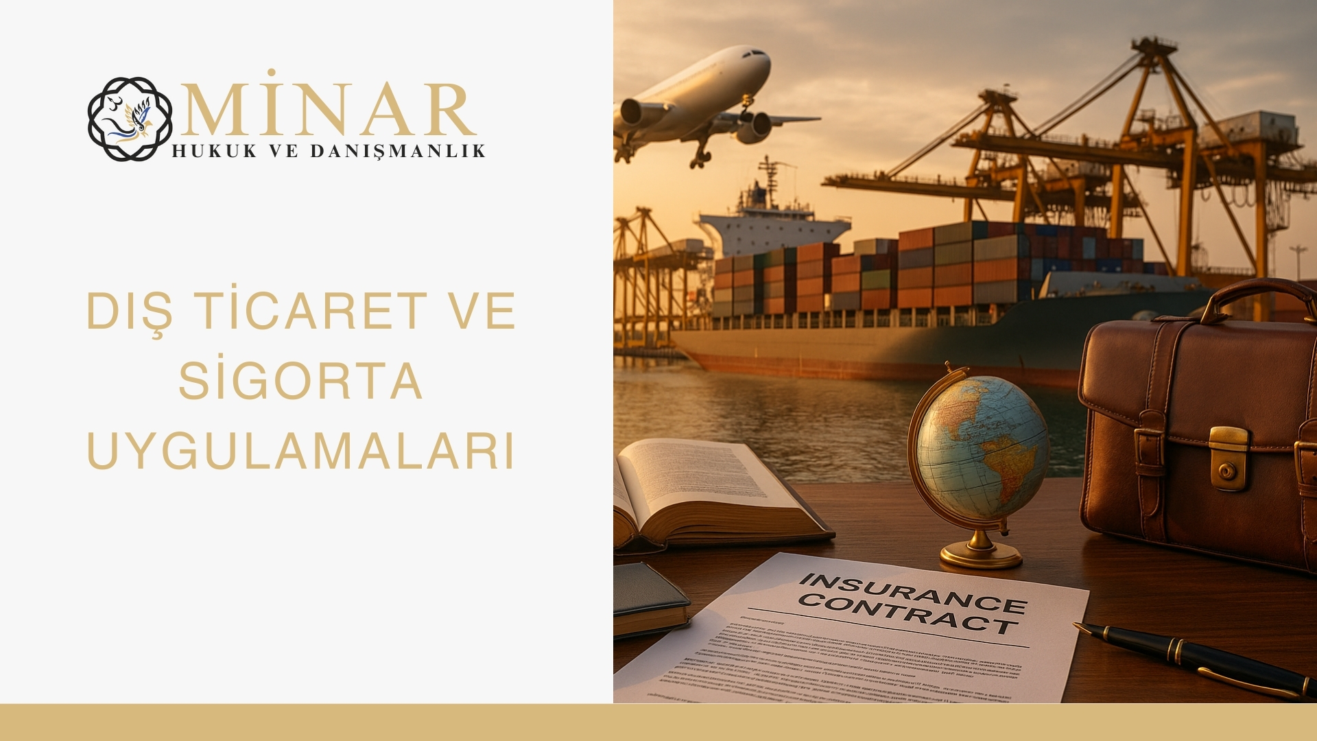 “Liman sahasında konteyner yüklü gemiler ve vinçler çalışırken gökyüzünde bir uçak uçmakta; ön planda masada sigorta sözleşmesi, dünya küresi, evrak çantası, kitap ve kalem bulunmaktadır. Görsel dış ticaret ve sigorta uygulamalarını gerçekçi bir şekilde temsil etmektedir.”