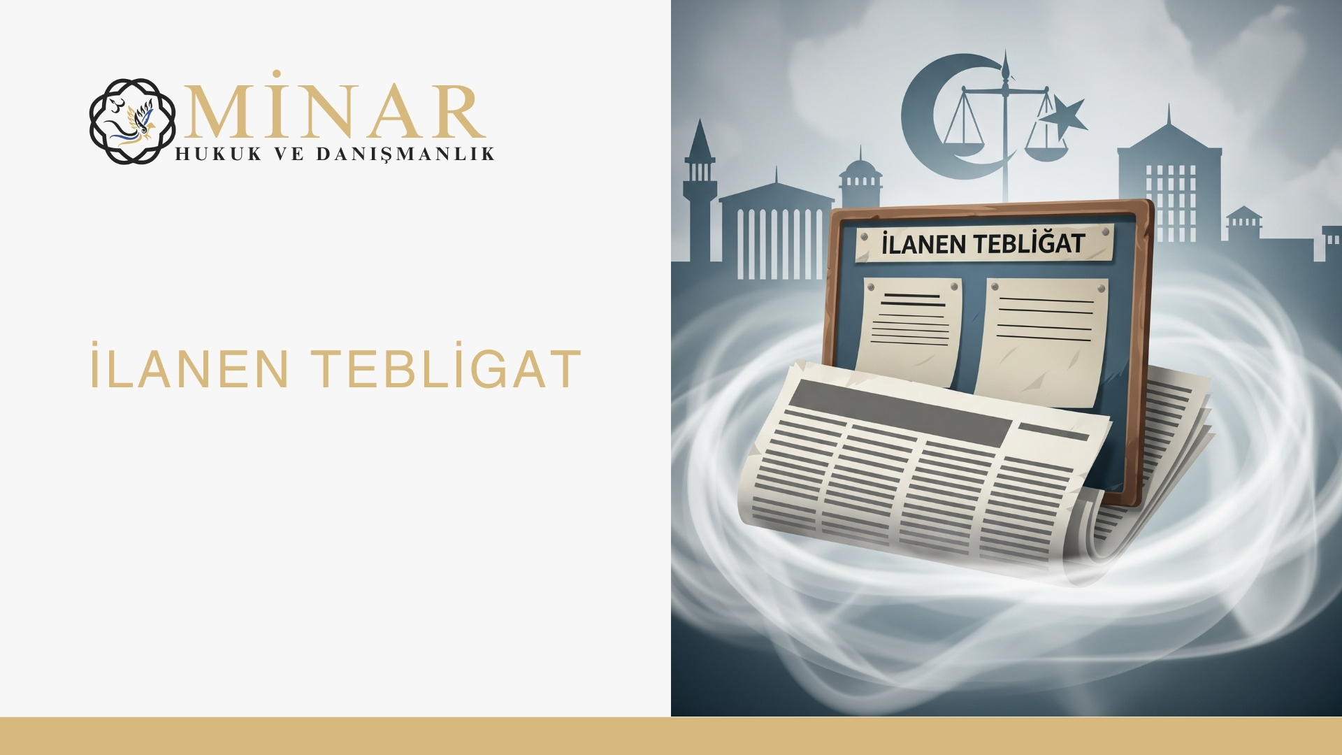 Minar Hukuk ve Danışmanlık logolu görselde, ilanen tebligatı simgeleyen gazete ve duyuru panosu, arka planda adalet terazisi ve kamu kurumlarını temsil eden silüetler yer alıyor