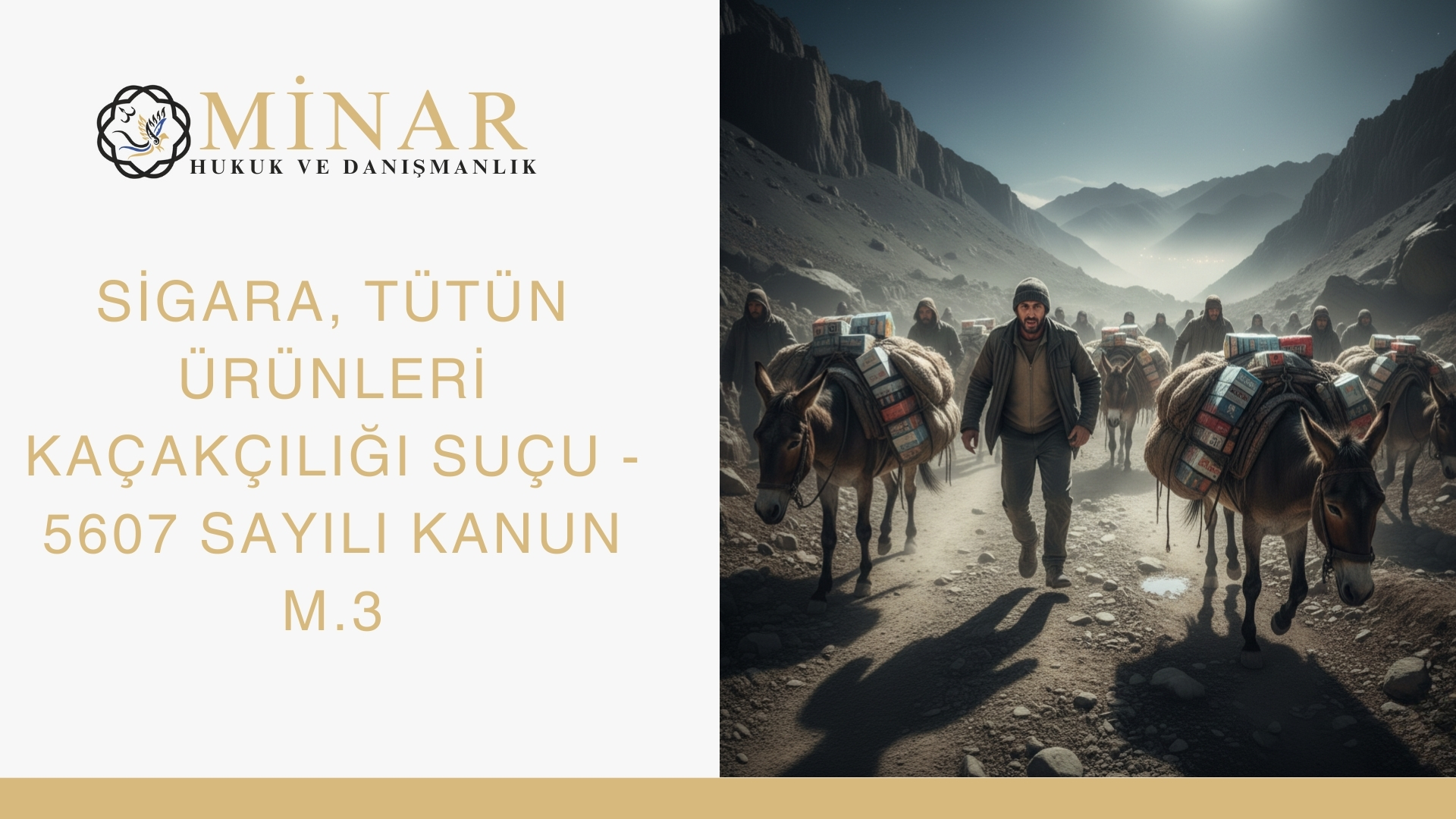 Sigara ve tütün ürünleri kaçakçılığına ilişkin Minar Hukuk kapak görseli; dağlık bölgede katırlarla taşınan kaçak sigara paketleri, önde yürüyen kişiler ve 5607 Sayılı Kanun m.3 başlığı