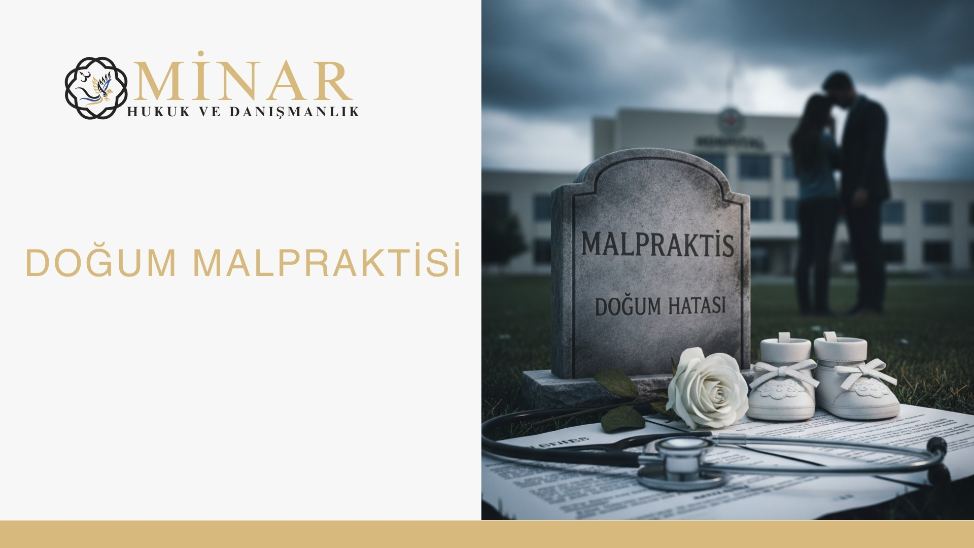 Üzerinde "Malpraktis Doğum Hatası" yazan bir mezar taşı, önünde beyaz bir gül, bebek patikleri, stetoskop ve belgeler; arka planda hastane binası önünde duran hüzünlü bir çiftin silüeti. Doğum malpraktisinin sembolik bir temsilidir.