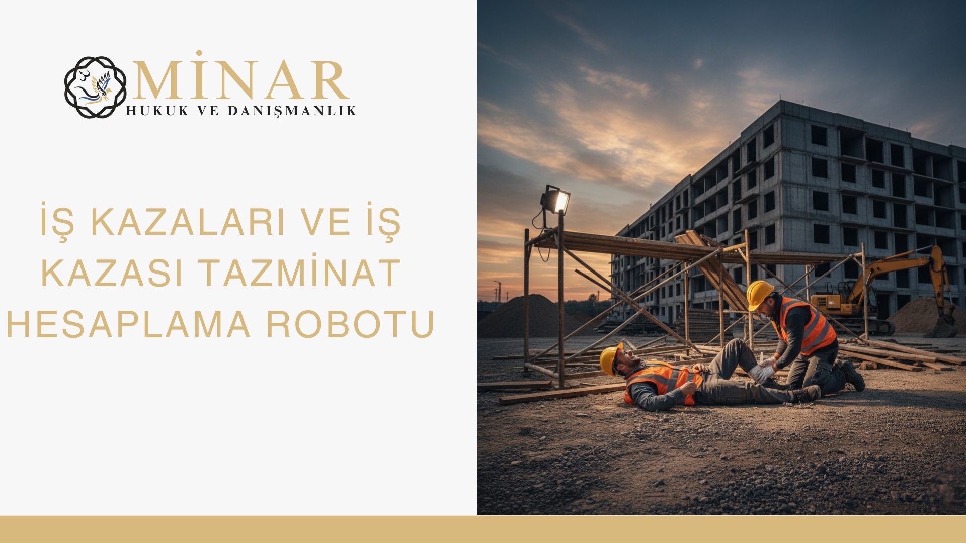 MİNAR Hukuk ve Danışmanlık görseli; solda başlık, sağda inşaat sahasında yaralı işçiye müdahale eden çalışan.