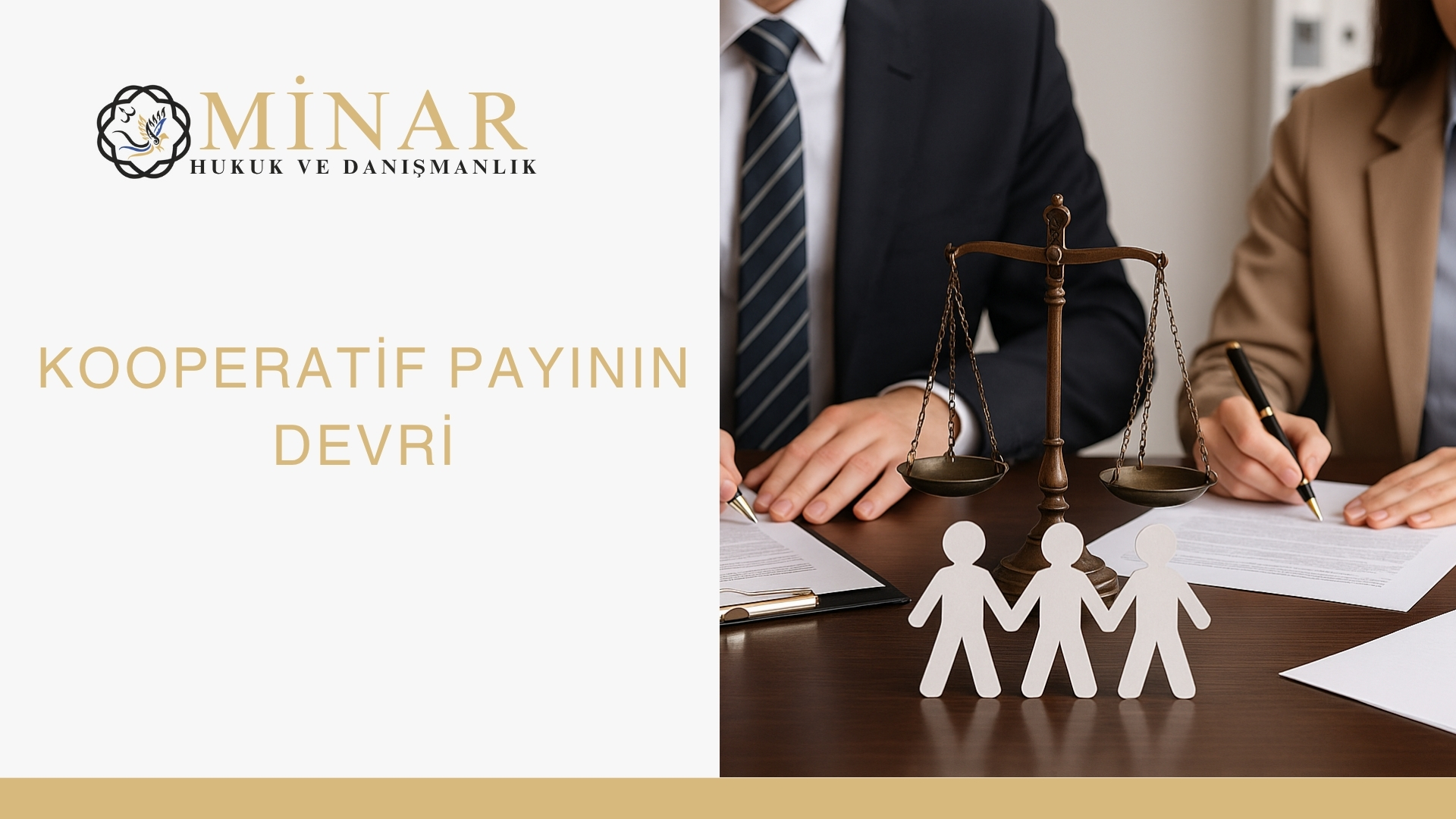 Kooperatif payının devrini temsil eden, masada sözleşme imzalayan iki kişi, ortada adalet terazisi ve kooperatif ortaklığını simgeleyen figürlerle birlikte profesyonel bir hukuk görseli.