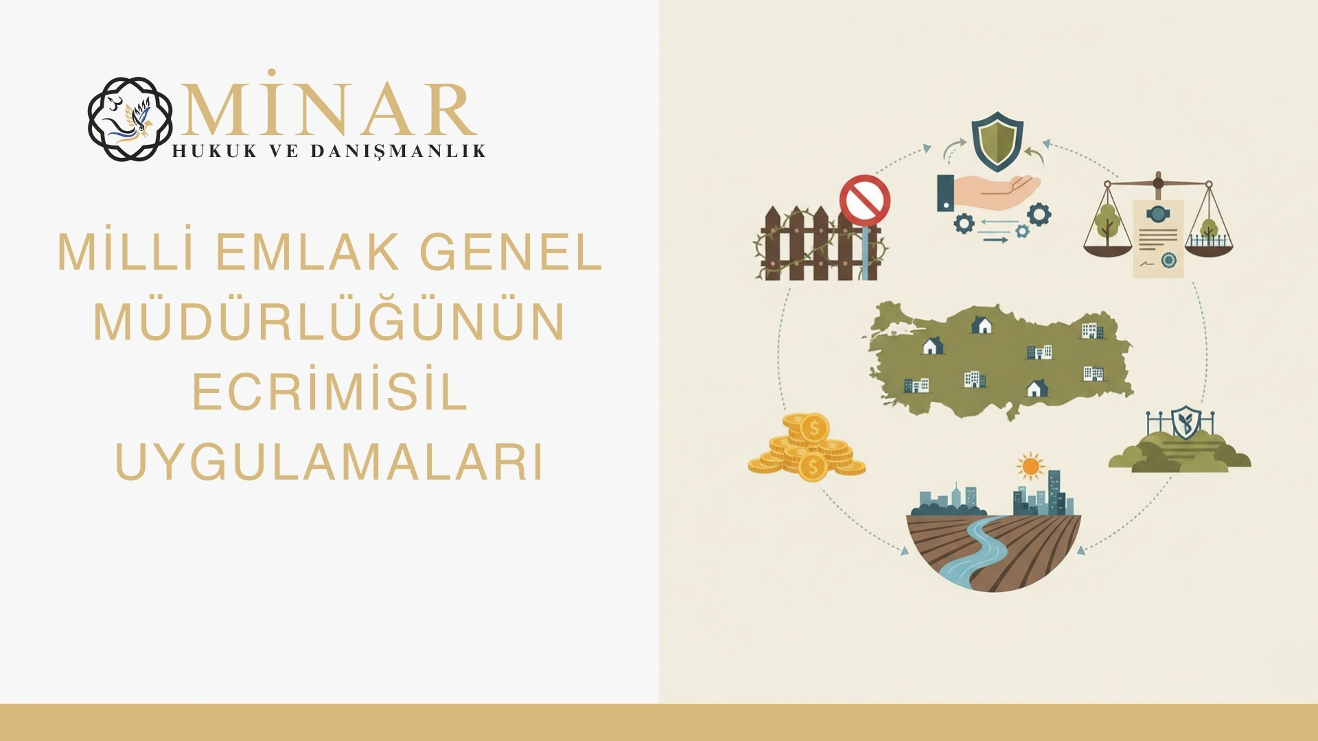 Minar Hukuk ve Danışmanlık logosu ile “Milli Emlak Genel Müdürlüğü’nün Ecrimisil Uygulamaları” başlıklı bir sunum görseli. Sağ tarafta Türkiye haritası, adalet terazisi, para yığını, çevre koruma, mülkiyet yasağı ve tarım arazisi ikonları içeren bir dairesel infografik bulunuyor. Kamu taşınmazları ve ecrimisil süreci sembolik olarak gösterilmiştir.