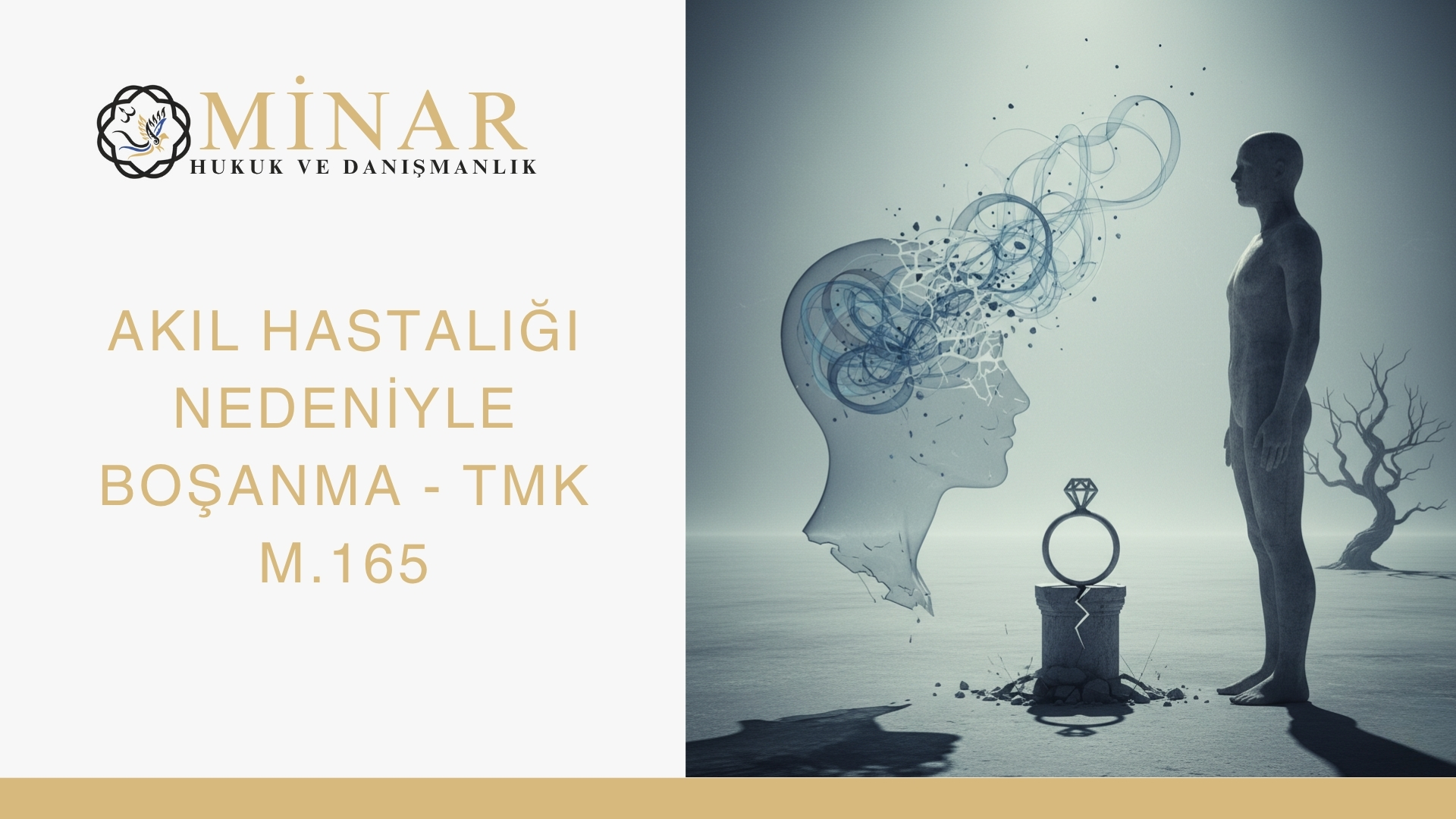 Akıl hastalığı nedeniyle boşanma konusunu simgeleyen görsel: Bir tarafın zihinsel çöküşünü ve diğer tarafın uzak duruşunu temsil eden soyut bir sahne. Ortada kırık bir yüzük ve Minar Hukuk ve Danışmanlık logosu bulunuyor.