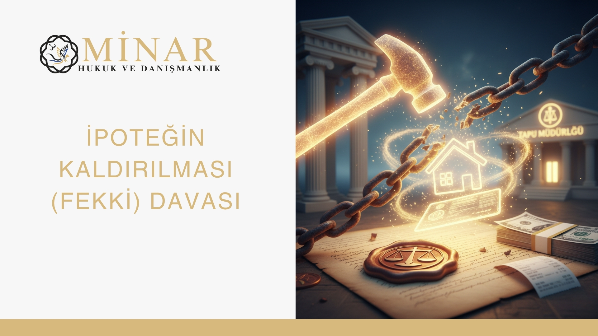 Altın renkli çekiçle zinciri kırılan ev, tapu ve para sembolleri; ipoteğin kaldırılması (fekki) davasını simgeleyen adalet ve Tapu Müdürlüğü temalı görsel.