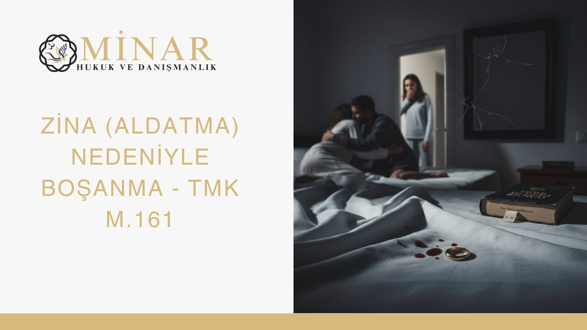 Zina (aldatma) nedeniyle boşanmayı simgeleyen dramatik sahne: Bir kadın yatak odasında eşiyle başka bir kadını yakalıyor. Önde kırık ayna, yüzük ve kan damlaları görülüyor. Görselde “Minar Hukuk ve Danışmanlık” logosu yer alıyor.