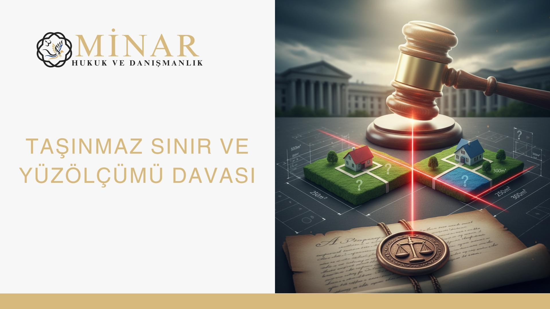 Mahkeme tokmağı, kırmızı lazerle çizilmiş arsa sınırları, üzerinde ev bulunan parseller ve adalet mührü; taşınmaz sınır ve yüzölçümü davasını temsil eden görsel