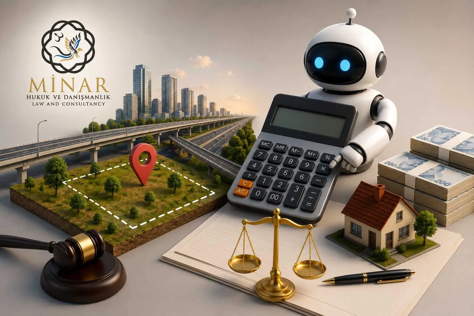Kamulaştırma değeri hesaplama robotu, arsa ve istimlak tazminatı konseptini anlatan Minar Hukuk logolu profesyonel hukuk görseli