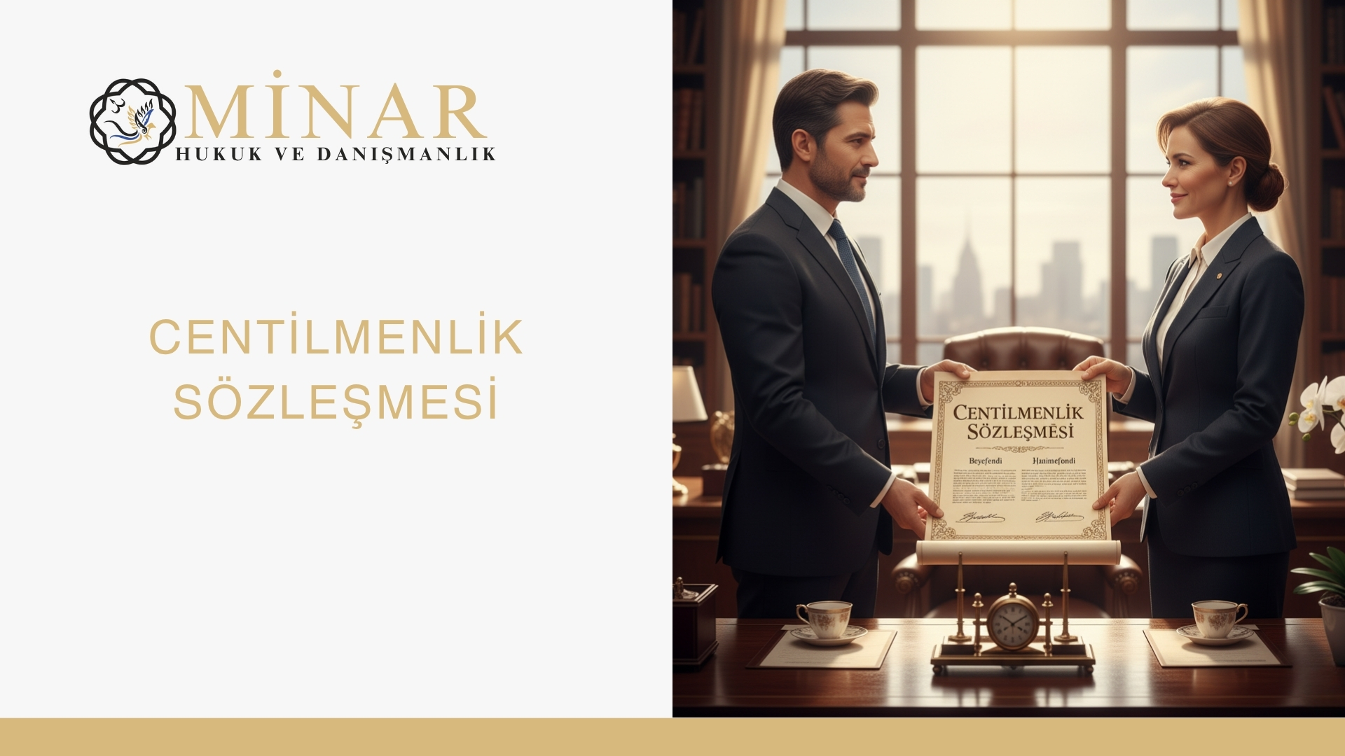 İki iş insanının Centilmenlik Sözleşmesi belgesini paylaştığı profesyonel ofis ortamı görseli. (MINAR Hukuk ve Danışmanlık logosu ve yazı)
