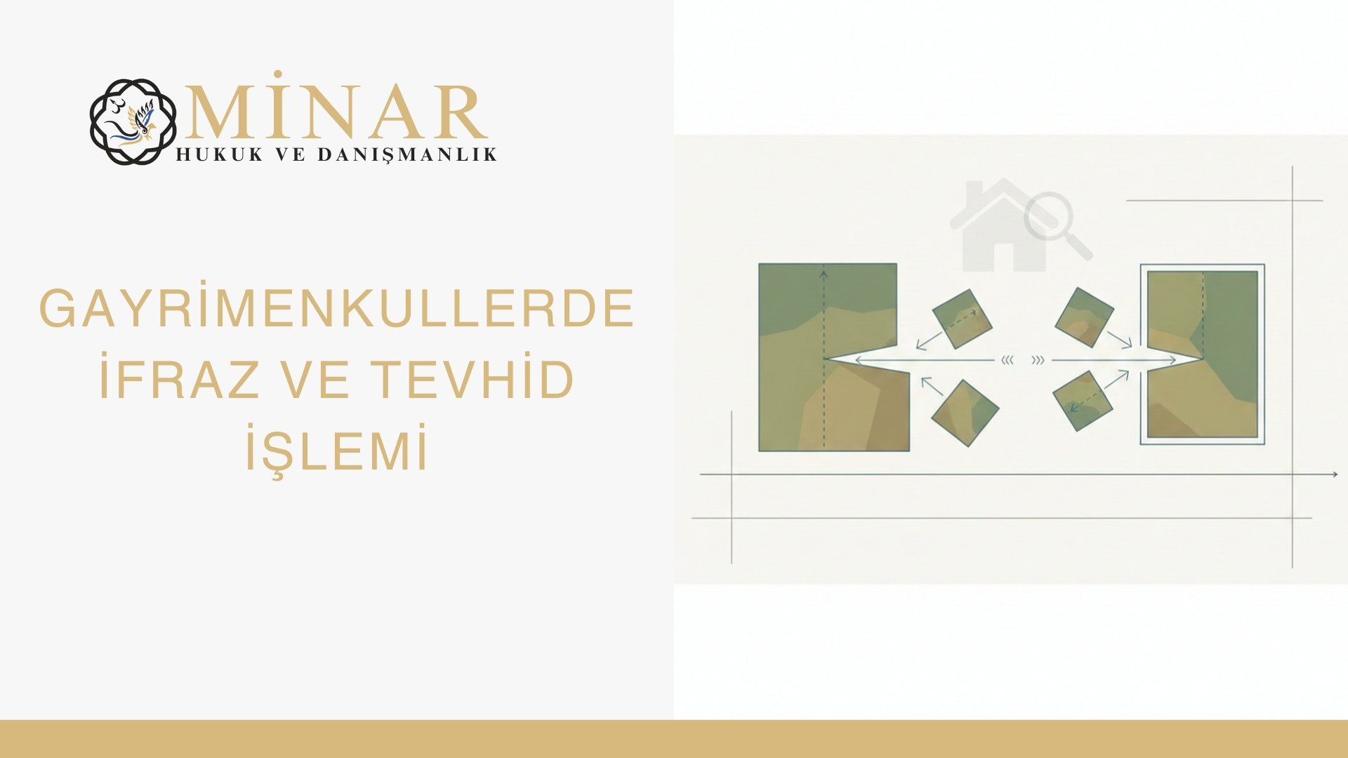 Minar Hukuk & Danışmanlık logosu ile gayrimenkullerde ifraz ve tevhit işlemlerinin şematik gösterimi; taşınmazın bölünmesi ve birleştirilmesi sürecini anlatan görsel