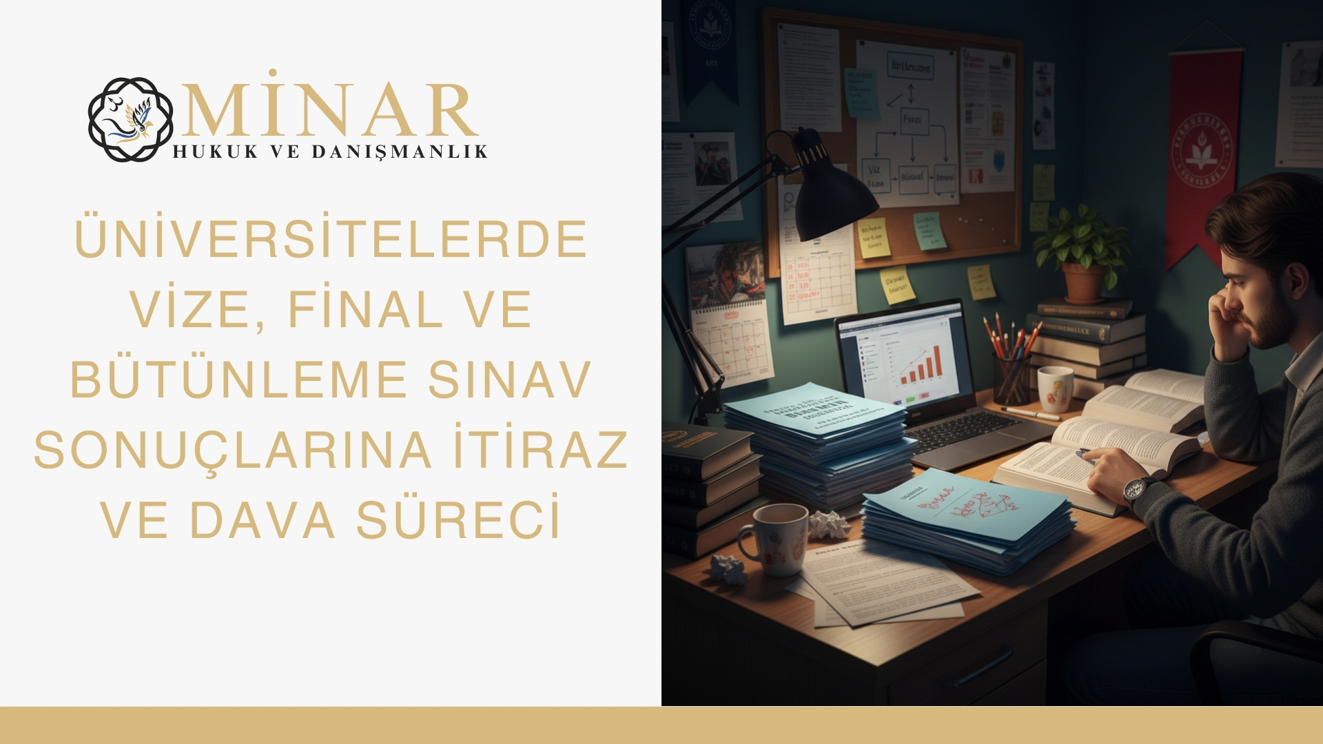 Üniversite öğrencisinin vize, final ve bütünleme sınav sonuçlarına itiraz ve dava sürecini simgeleyen çalışma ortamı görseli.