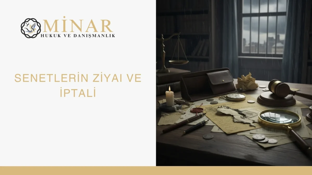 Senetlerin ziyaı ve iptali davasını temsil eden hukuki belgeler, mühür, büyüteç ve mahkeme tokmağı bulunan masa görseli.
