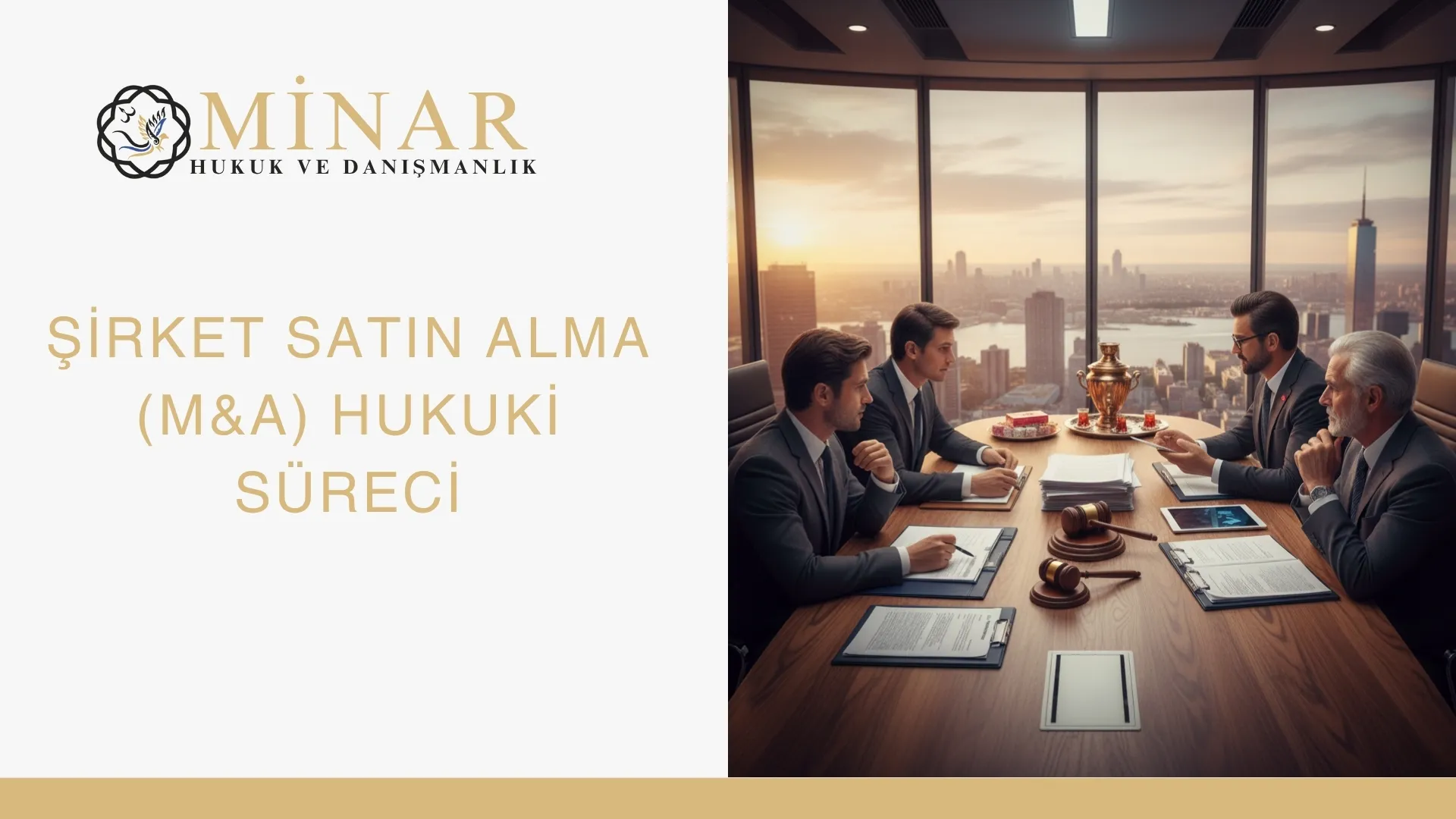 Şirket satın alma ve birleşme işlemlerinde M&A hukuki sürecini, due diligence incelemesini ve sözleşme aşamalarını anlatan Minar Hukuk görseli.