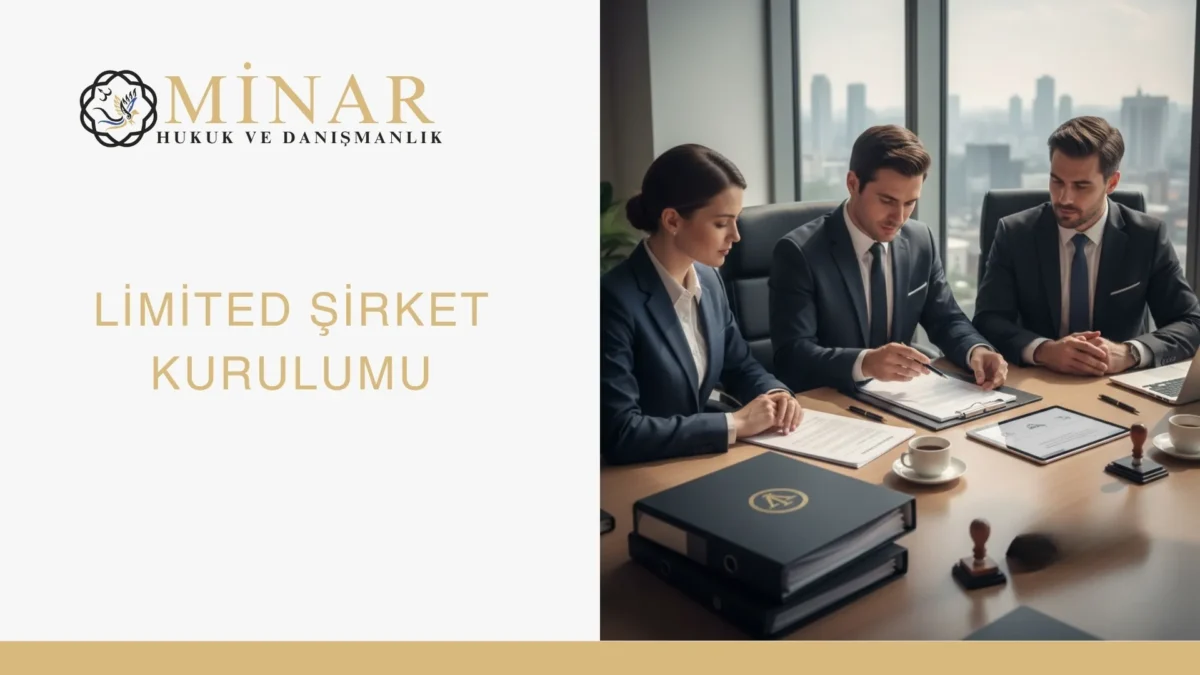 Limited şirket kuruluşu için avukatlar tarafından şirket ana sözleşmesi ve ticaret sicili belgelerinin incelendiği kurumsal toplantı görseli.