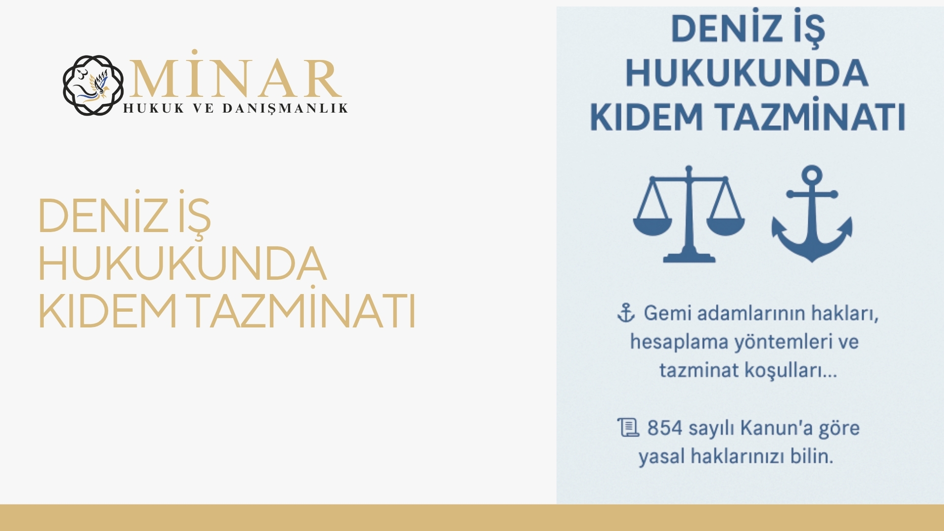 Gemi adamlarının kıdem tazminatı haklarını temsil eden terazi ve çapa simgeleriyle desteklenmiş hukuk temalı grafik.