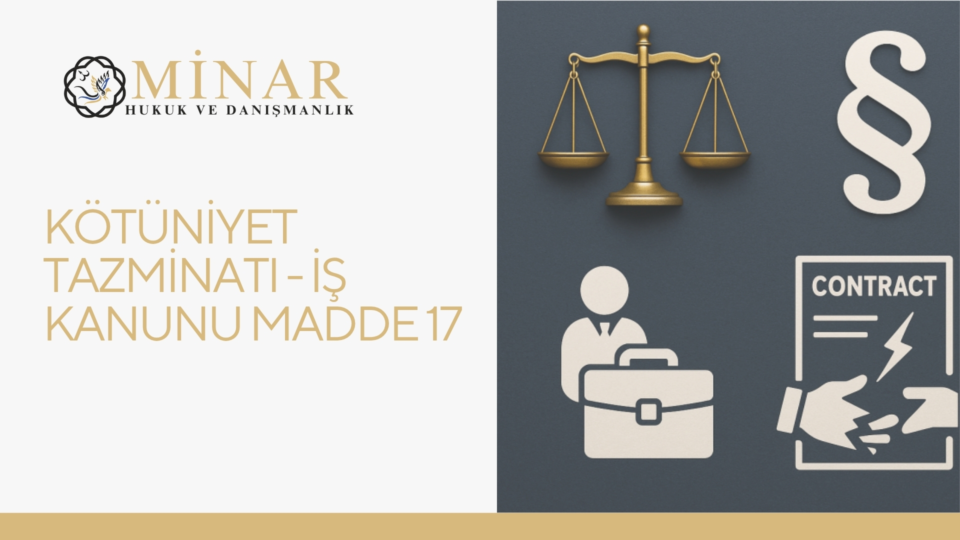 İş sözleşmesinin kötü niyetle feshedilmesi durumunu simgeleyen terazili, sözleşmeli ve çalışan figürlü hukuk temalı görsel.