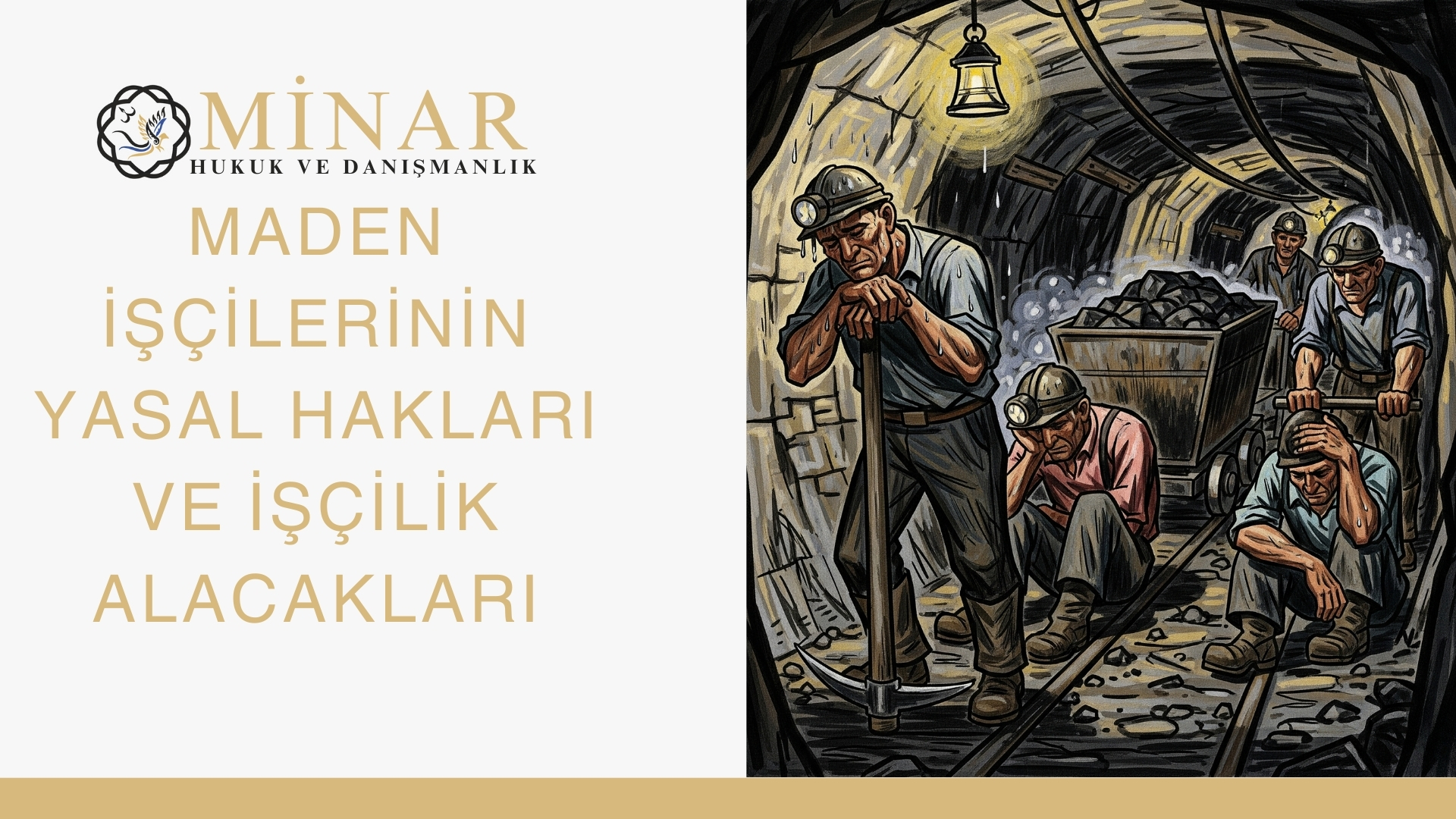 “Bir maden ocağında kömür arabasıyla çalışan işçilerden oluşan illüstrasyon. İşçilerden bazıları yerde oturmuş yorgun halde, bazıları kömür arabasını itmekte, bir diğeri kazmasını tutarak dinlenmekte. Görsel, maden işçilerinin zor çalışma koşulları ve hukuki haklarını simgeliyor.”