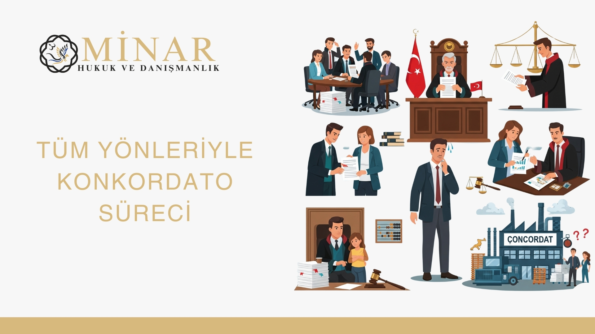 MİNAR HUKUK VE DANIŞMANLIK logosu ve "TÜM YÖNLERİYLE KONKORDATO SÜRECİ" yazısı olan bir afiş. Sağda, konkordato sürecini adli işlemler, iş toplantıları, stresli iş insanları ve fabrika sahneleriyle anlatan bir dizi illüstrasyon yer alıyor.