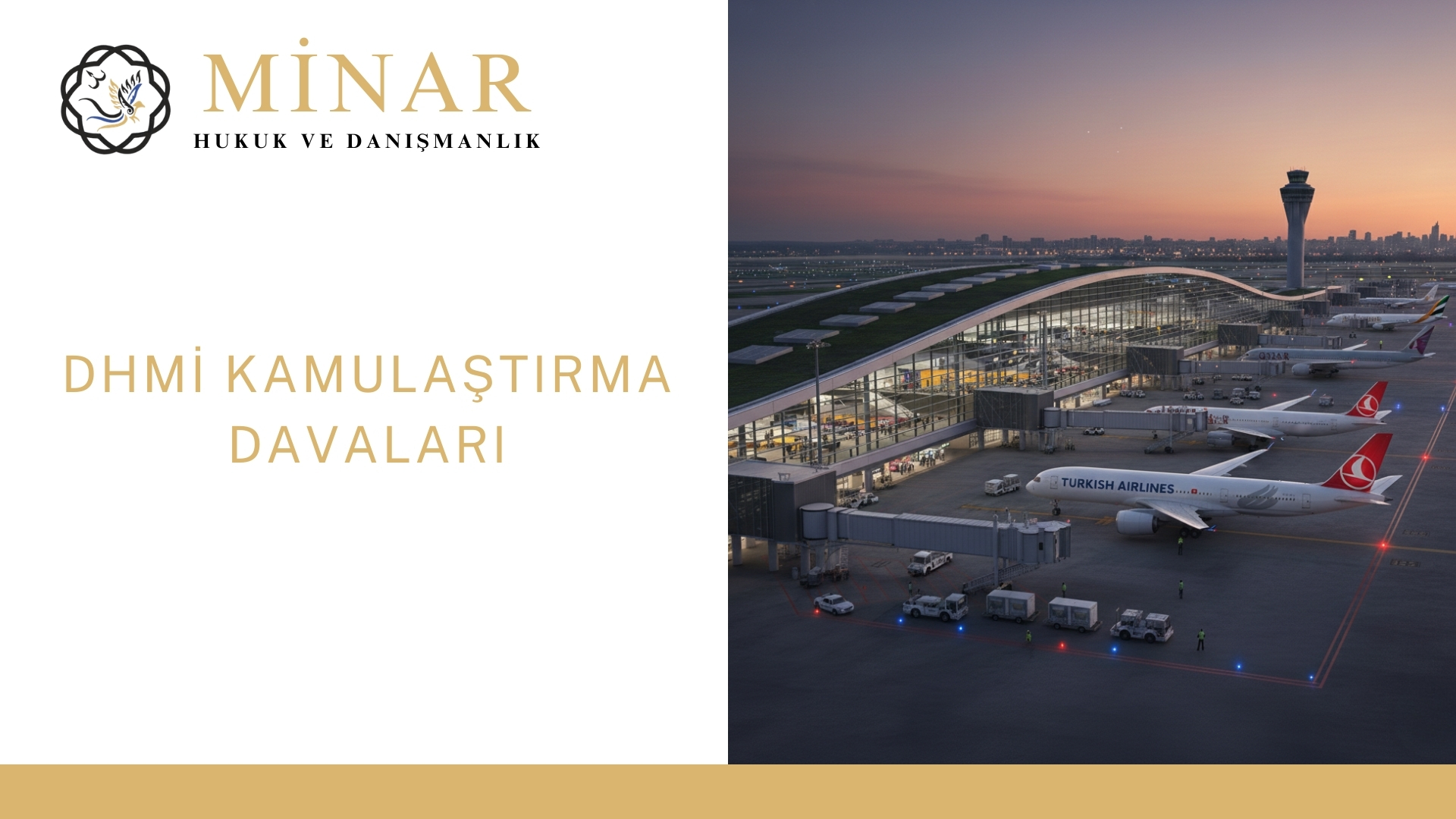 Havalimanı Arazileri Kamulaştırma - Minar Hukuk uzman avukatlarla kamulaştırma hukuku danışmanlığı. Türk Hava Yolları, Qatar Airways ve Emirates uçaklarının bulunduğu modern bir havalimanı terminali ve uçuş kontrol kulesi gün batımında. Kamulaştırma davaları için hukuki destek.